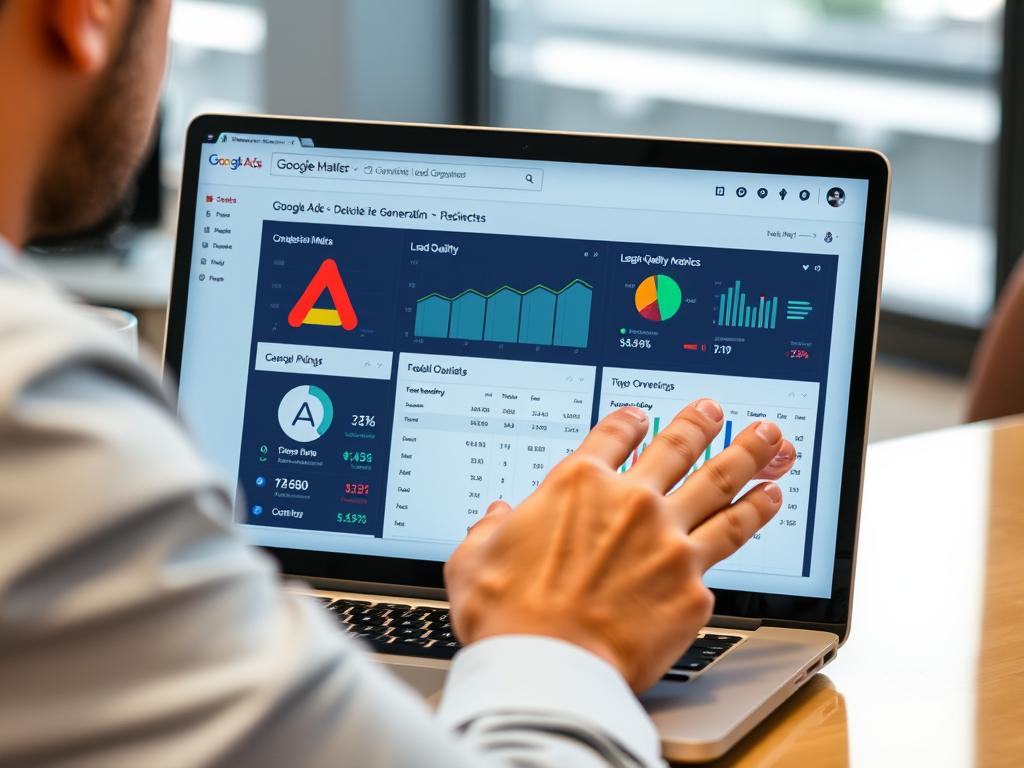 Business professional analyzing Google Ads lead generation dashboard Business professional analyzing Google Ads lead generation dashboard