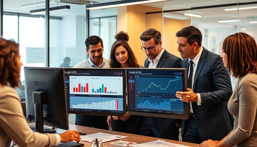 Business team analyzing Google Ads and Facebook Ads lead generation performance Business team analyzing Google Ads and Facebook Ads lead generation performance
