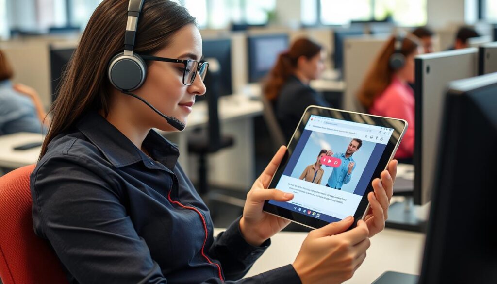 Call center agent completing a microlearning module on tablet between calls