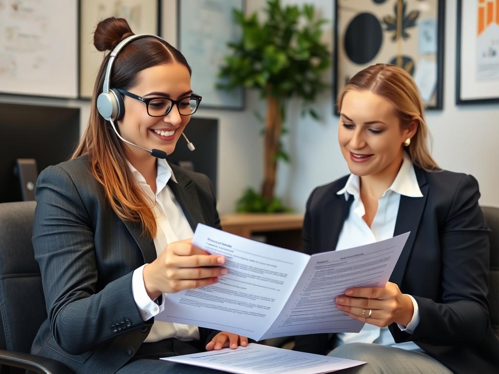 Call center agent discussing career development plan with supervisor