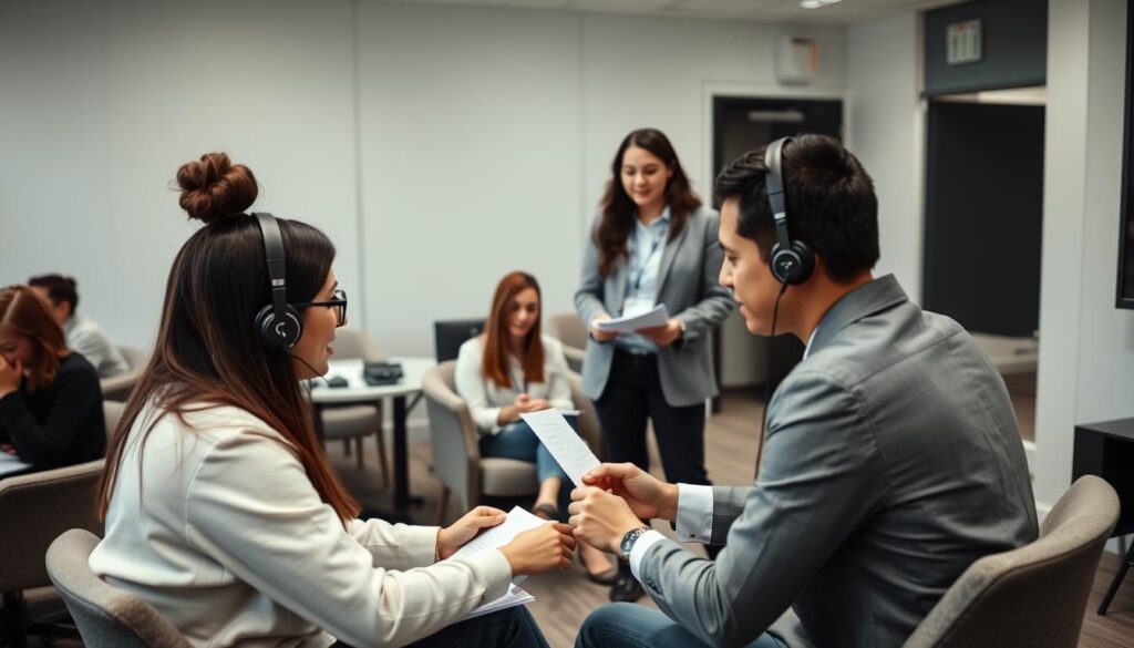 Call center agents engaged in role-playing training exercise
