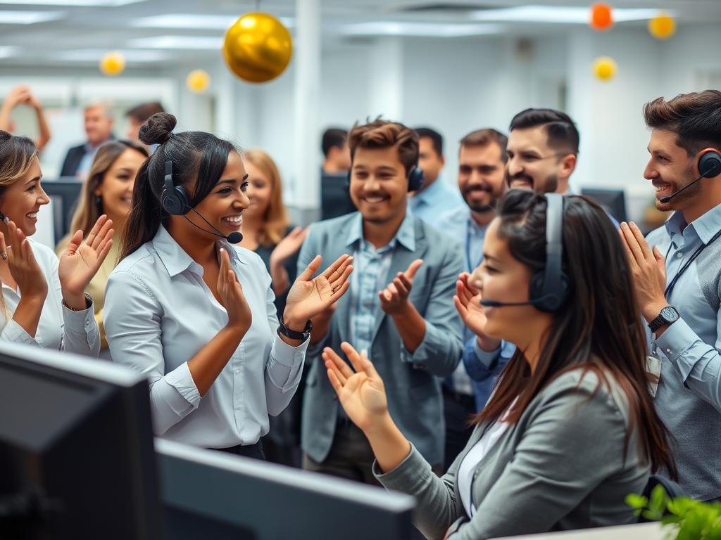Call center team celebrating agent promotion to supervisor role