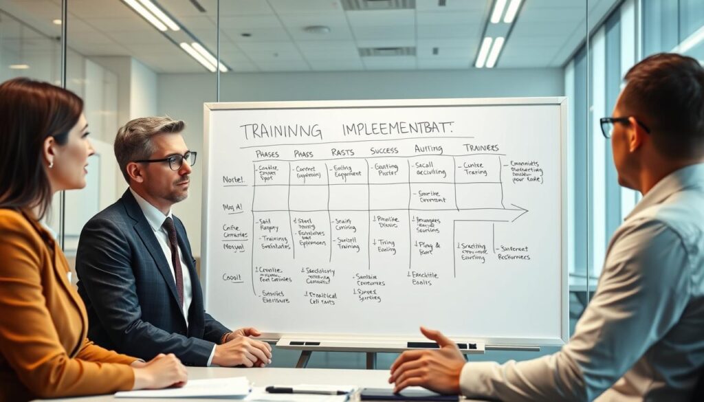 Call center training implementation roadmap on whiteboard with team discussion Call center training implementation roadmap on whiteboard with team discussion