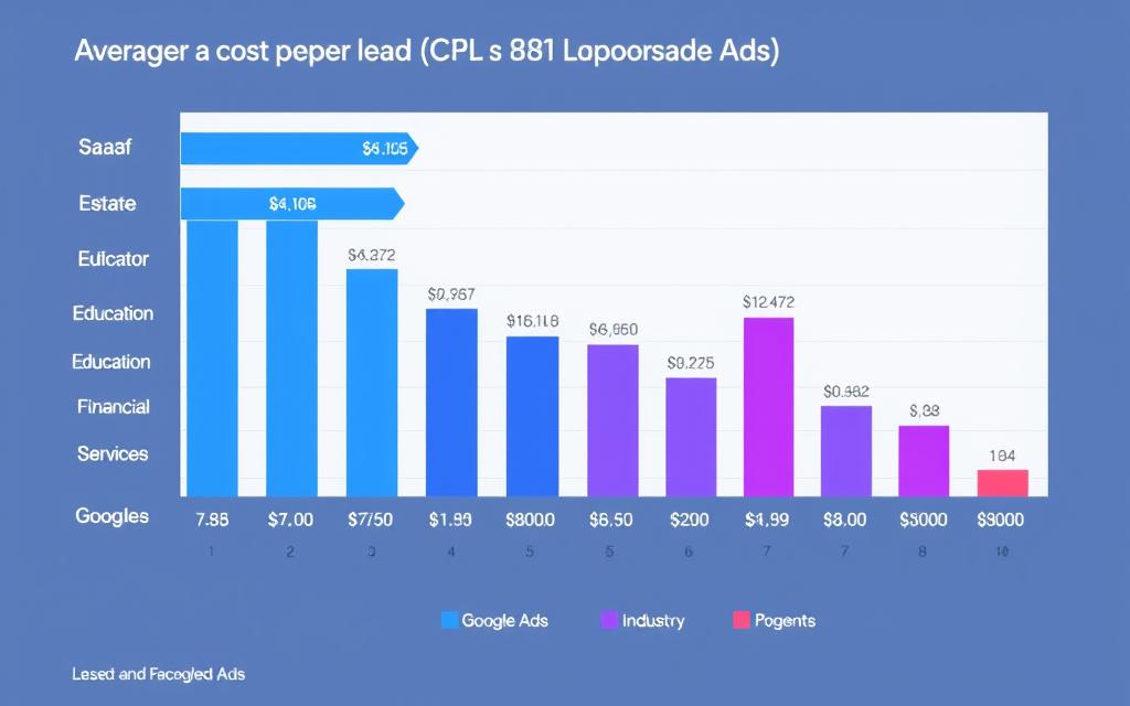 Chart comparing average cost per lead across industries for Google Ads vs Facebook Ads for lead generation Chart comparing average cost per lead across industries for Google Ads vs Facebook Ads for lead generation