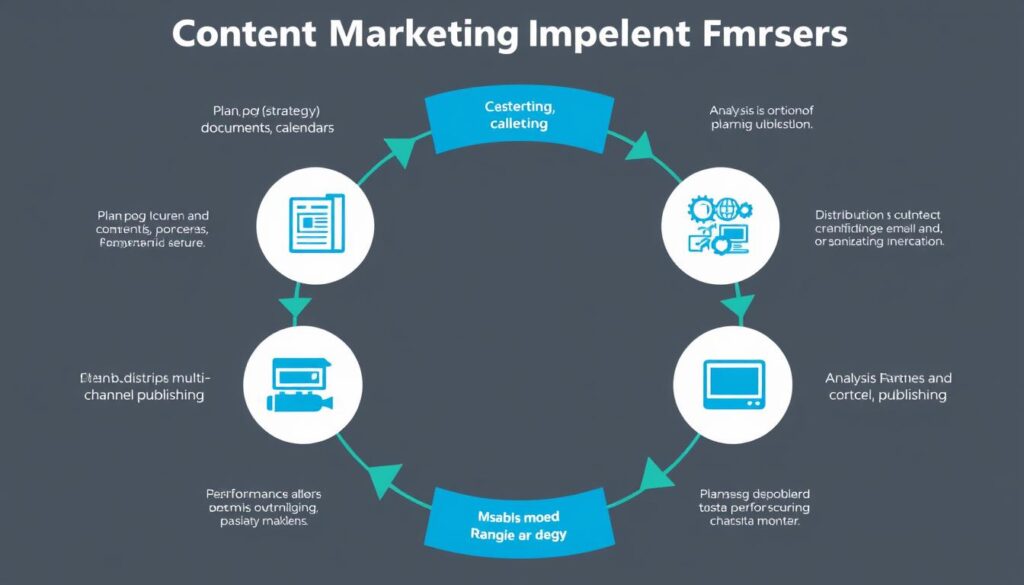 Content marketing implementation framework showing planning, creation, distribution and analysis