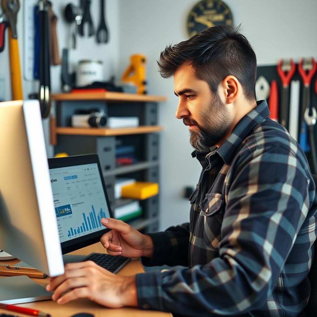 Home service business owner reviewing digital marketing analytics Home service business owner reviewing digital marketing analytics