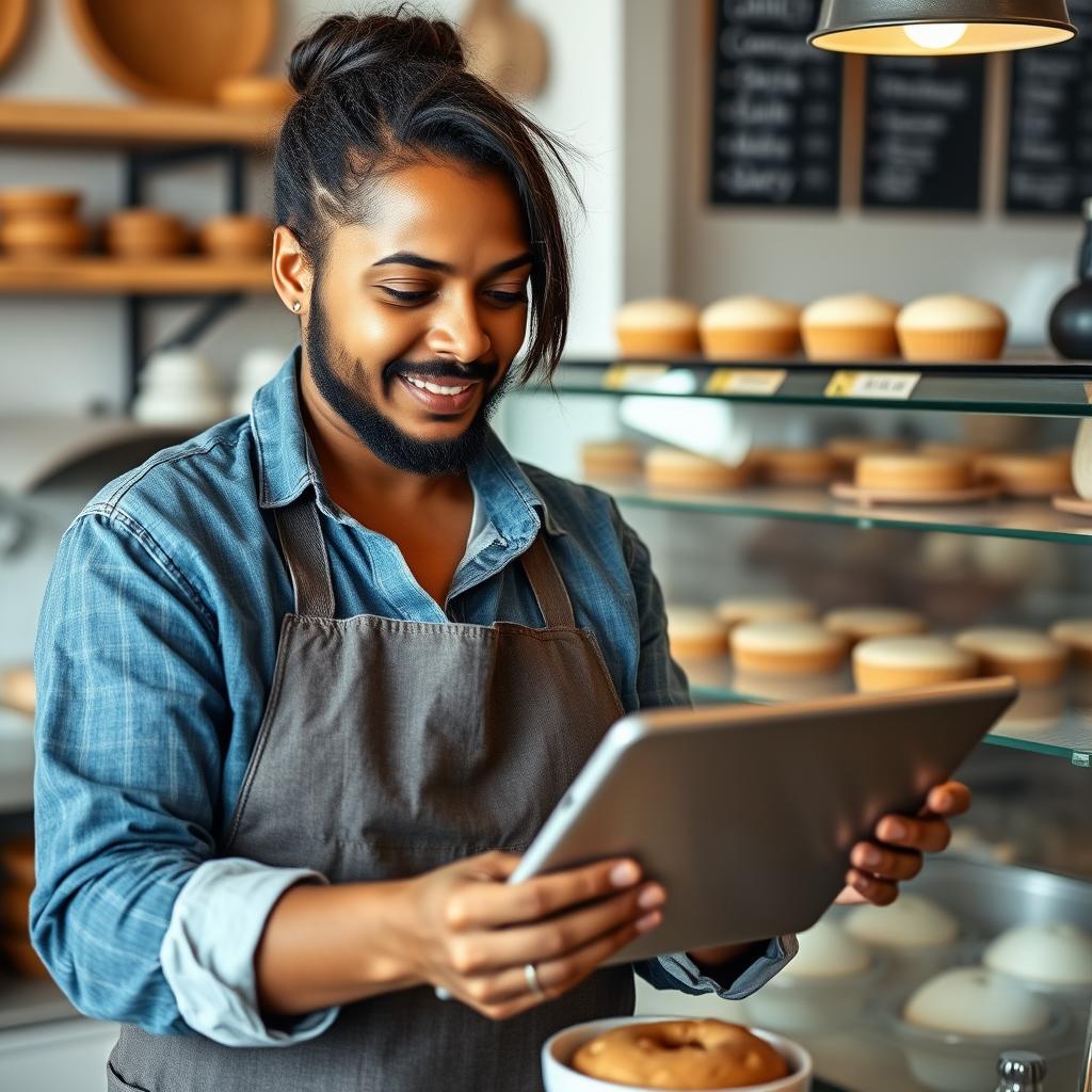 Local bakery owner using digital marketing on tablet Local bakery owner using digital marketing on tablet