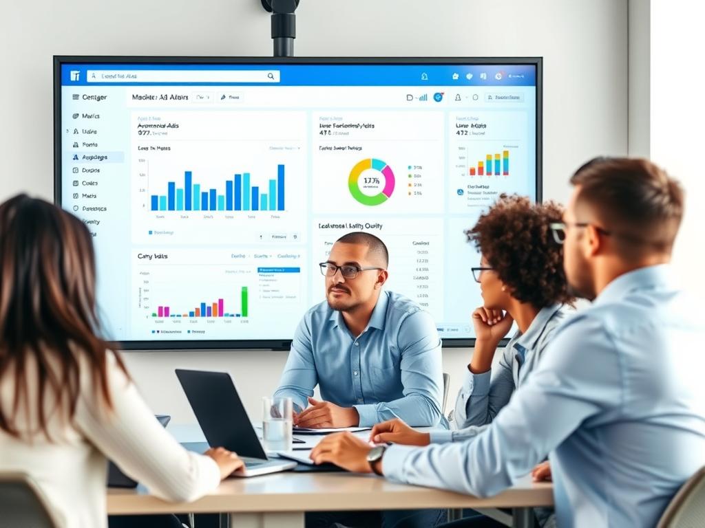 Marketing team reviewing Facebook Ads lead generation campaign results Marketing team reviewing Facebook Ads lead generation campaign results