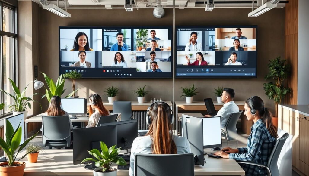 Remote and on-site call center agents collaborating in a hybrid work environment Remote and on-site call center agents collaborating in a hybrid work environment