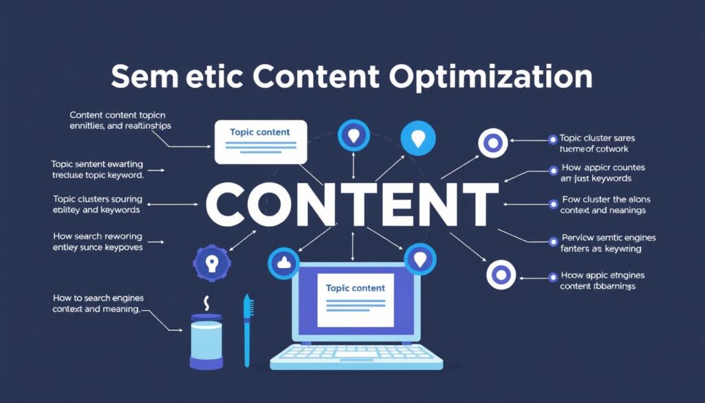 Semantic content optimization showing topic relationships and entity connections