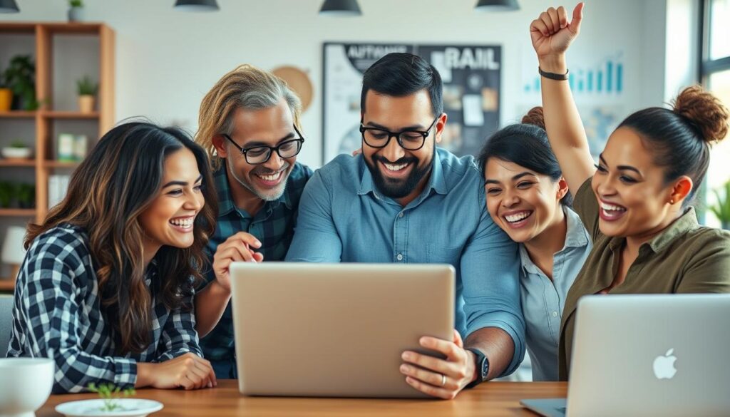 Small business owner celebrating digital marketing success Small business owner celebrating digital marketing success