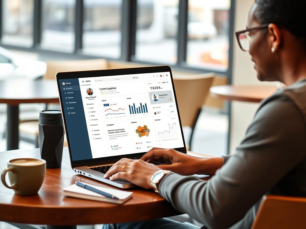 Small business owner using AI marketing tools on laptop Small business owner using AI marketing tools on laptop