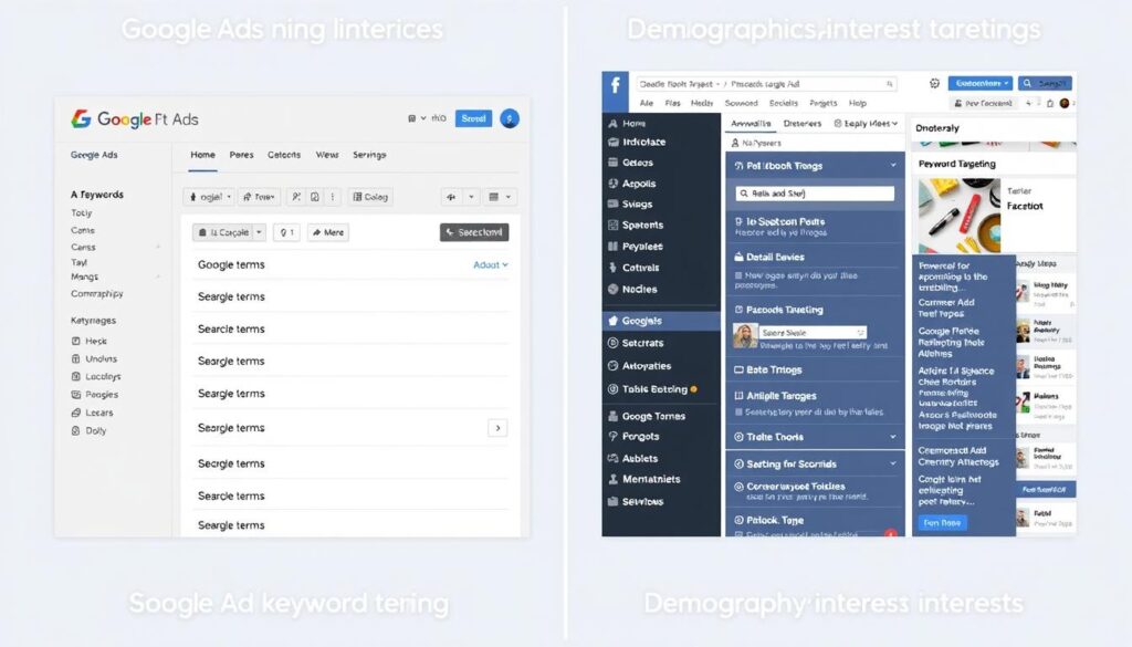 Visual comparison of Google Ads keyword targeting versus Facebook Ads demographic targeting interfaces Visual comparison of Google Ads keyword targeting versus Facebook Ads demographic targeting interfaces