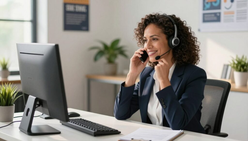 A bright, professional customer service office environment featuring a friendly customer service representative wearing smart business attire, seated at a desk with a computer. The representative, a middle-aged woman with curly hair, is on the phone, displaying a calm and attentive demeanor while taking notes. In the background, a well-organized workspace with motivational posters and a plant creates an inviting atmosphere. Warm, natural light streams in through a window, casting gentle shadows for depth. The camera angle is slightly elevated, capturing both the representative’s focused expression and the organized space. The overall mood is optimistic and professional, emphasizing the effectiveness and dedication required in handling difficult customer calls.