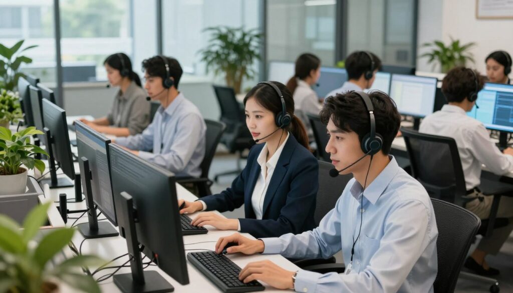 A busy call center environment showcasing a diverse team of professionals engaged in high-technology workstations. In the foreground, two employees, a woman in a smart blazer and a man in a dress shirt, are focused on their dual monitors, with headsets on, displaying concentration and teamwork. The middle ground features rows of desks with various employees collaborating, some reviewing data on screens, others having animated discussions. In the background, large glass windows let in natural light, illuminating the modern workspace filled with plants for a fresh touch. The atmosphere is dynamic yet focused, highlighting the importance of communication and efficiency in customer service. The scene captures the essence of modern call centers, reflecting the need for tracking KPIs in today’s customer experience landscape.