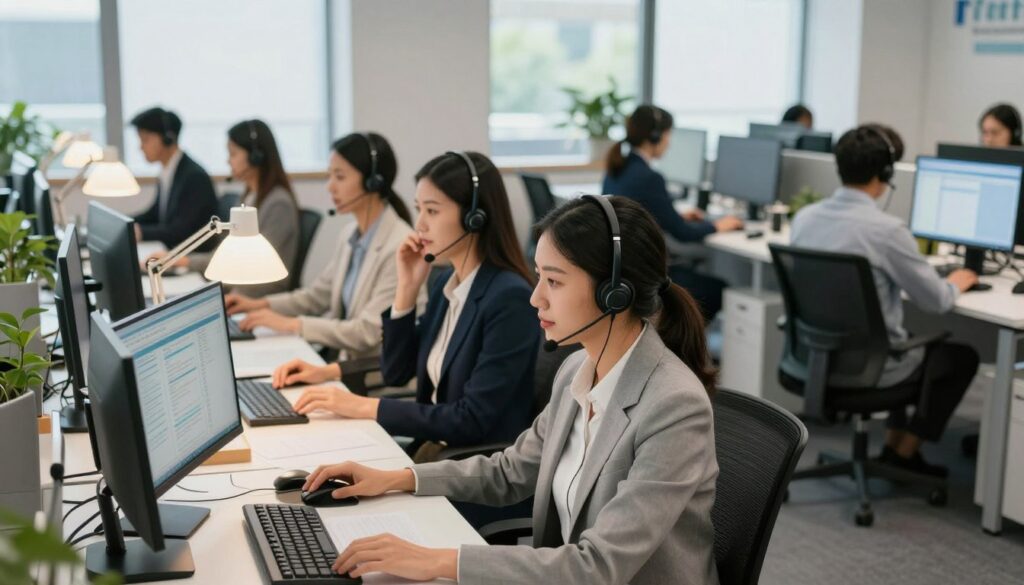 A busy outbound call center environment bustling with activity. In the foreground, a diverse group of three professionals in smart business attire are seated at modern desks clad with headsets, engaging in lively phone conversations. The middle layer showcases rows of sleek workstations equipped with computers displaying call-related data, accented by bright desk lamps providing focused lighting. In the background, large windows let in natural light, illuminating the open office layout with a vibrant, energetic atmosphere. Soft color tones are complemented by subtle hints of corporate branding on the walls. The scene conveys a sense of productivity and teamwork, embodying the dynamic world of outbound call center operations, captured from a slightly elevated angle for depth and perspective.