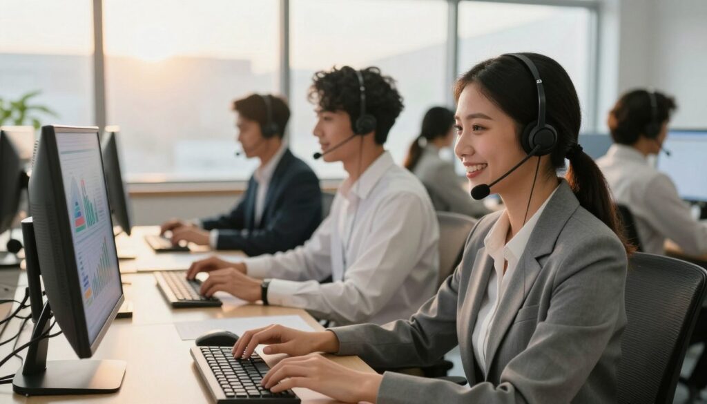 A cozy and inviting call center environment showcasing a diverse group of professionals in smart business attire. In the foreground, a cheerful customer service representative, a woman of Asian descent with a friendly smile, engages warmly with a client on her headset. In the middle, several colleagues are seen collaborating, reviewing performance metrics on screens that display positive trends. The background features large windows letting in soft, golden afternoon light, casting a warm glow over the workspace. The atmosphere is positive and energetic, reflecting teamwork and dedication to customer satisfaction. The scene conveys a sense of loyalty and happiness, with an emphasis on the importance of customer care in a successful call center.