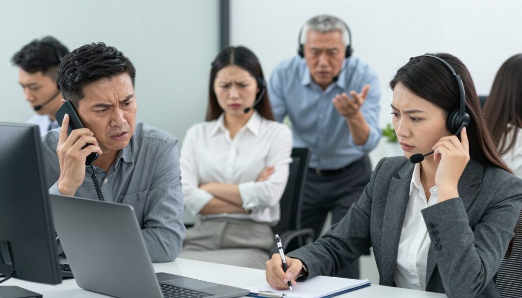 A crowded office environment depicting various difficult customers interacting with a customer service representative. In the foreground, a frustrated middle-aged man with a furrowed brow, holding a phone, conveys impatience while speaking to a calmly composed woman in professional attire. The woman is seated at a desk, taking notes, with a headset on, showing her professionalism and focus. In the middle background, a disheveled young woman with crossed arms expresses disbelief, while another customer, a stern older gentleman, gestures emphatically, indicating his dissatisfaction. The lighting is bright and clinical, casting soft shadows that enhance the tense atmosphere, captured from a slightly low angle to emphasize the dynamic interaction. The mood should reflect a blend of tension and professionalism, highlighting the challenges of handling difficult customer calls.