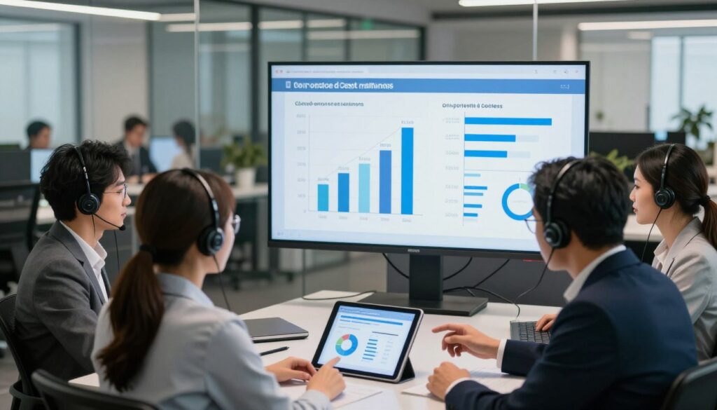 A detailed cost analysis scene for contact center solutions, featuring a modern office environment. In the foreground, a diverse group of professionals in business attire, including a woman and a man discussing figures on a digital tablet. The middle-ground showcases a large screen displaying graphs and charts comparing initial investments and ongoing expenses of cloud-based and on-premise call center platforms. The background includes glass partitions with blurred employees working at desks, soft lighting creating an engaging atmosphere of collaboration. An overhead view perspective highlights strategic planning, emphasizing a clean and organized workspace. The overall mood is focused and professional, illustrating the importance of cost analysis in decision-making.