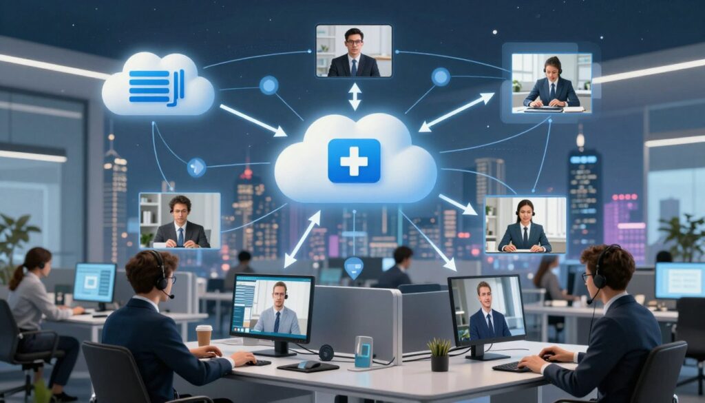A detailed illustration of cloud contact center architecture, showcasing interconnected digital elements in a dynamic network. In the foreground, display a sleek, modern office environment with professional individuals in business attire engaged in virtual meetings. The middle layer features stylized cloud graphics representing data storage and processing, with arrows indicating seamless communication between multiple users and devices. In the background, incorporate a vibrant city skyline to symbolize global connectivity and innovation. Soft, ambient lighting enhances the tech-savvy feel, with a clean and organized layout. Emphasize a futuristic atmosphere while ensuring a focus on collaboration and efficiency in a cloud-based call center setting.