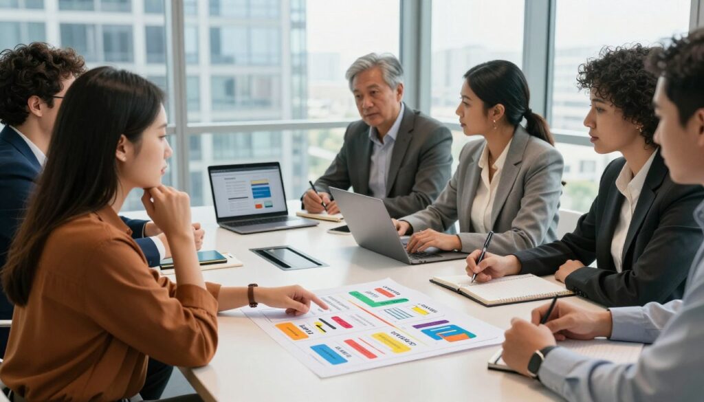 A diverse group of professionals gathered around a sleek conference table, engaged in a dynamic brainstorming session about various content formats. In the foreground, a thoughtful young woman in smart casual attire is pointing at a colorful chart displaying different content types like videos, infographics, and blogs. In the middle, a middle-aged man in a business suit is taking notes, while a diverse woman in professional attire shows an engaging presentation on a laptop screen. The background features a large window with natural light streaming in, showcasing a modern cityscape. The mood is collaborative and energetic, with warm lighting highlighting the participants' expressions as they discuss strategies to attract potential customers.