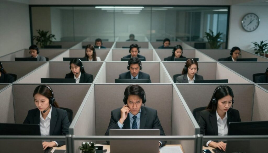 A divided office space representing a siloed approach to talent management in a call center. In the foreground, three teams of employees in professional business attire are working in isolated cubicles, each team engaged in separate tasks. The middle ground features a large glass wall separating the teams, reflecting their disconnection, with visible frustration on their faces. The background shows a muted environment, with dim lighting highlighting a lack of collaboration, and a large clock indicating the passage of time. Use a wide-angle lens to emphasize the separation among teams, creating a tense atmosphere that conveys the high turnover nature of a siloed approach, due to missed communication and teamwork opportunities.
