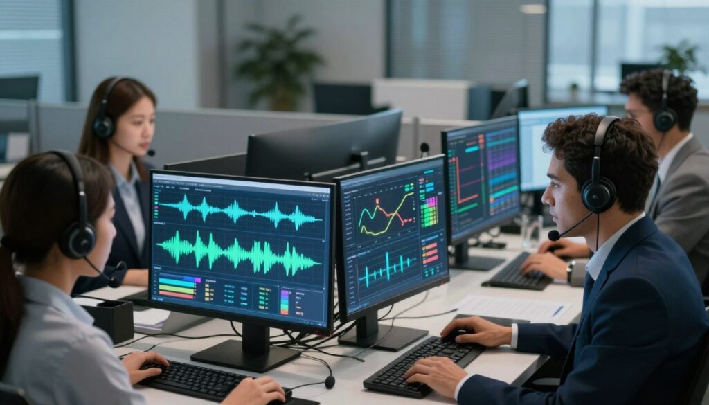 A dynamic and high-tech scene depicting a contact center environment focused on voice sentiment analysis. In the foreground, a diverse group of three professionals in modern business attire, analyzing sound waves and visual data on sleek screens, their expressions showing concentration. In the middle ground, digital displays showcase colorful graphs and sentiment indicators, with vibrant lines representing positive and negative emotions. The background features blurred office cubicles and soft ambient lighting, suggesting an energetic yet calm atmosphere. The overall color palette incorporates blues and greens, emphasizing technology and clarity. The scene is shot from a slightly elevated angle, creating a sense of engagement and focus on the analytics being performed. A dynamic and high-tech scene depicting a contact center environment focused on voice sentiment analysis. In the foreground, a diverse group of three professionals in modern business attire, analyzing sound waves and visual data on sleek screens, their expressions showing concentration. In the middle ground, digital displays showcase colorful graphs and sentiment indicators, with vibrant lines representing positive and negative emotions. The background features blurred office cubicles and soft ambient lighting, suggesting an energetic yet calm atmosphere. The overall color palette incorporates blues and greens, emphasizing technology and clarity. The scene is shot from a slightly elevated angle, creating a sense of engagement and focus on the analytics being performed.