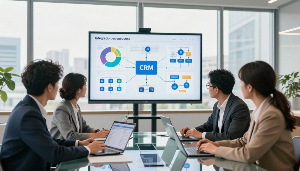A dynamic, modern office environment depicting the concept of CRM integration. In the foreground, a diverse team of three professionals dressed in business attire—two men and one woman—collaborate around a sleek glass conference table, analyzing data on digital devices. In the middle ground, vibrant charts and graphs are projected onto a large screen, showcasing integration success metrics, while flowcharts illustrate seamless connections between various software tools. The background features large windows with a cityscape view, allowing natural light to flood the space and create a bright, optimistic atmosphere. The mood is collaborative and innovative, emphasizing professionalism and productivity. Capture the scene using a wide-angle lens to incorporate all elements, with a warm, inviting color palette for a positive, engaging visual impact.