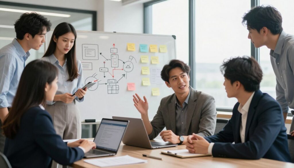 A dynamic office scene illustrating the concept of sourcing talent beyond job boards. In the foreground, a diverse group of professionals, dressed in business attire, actively engaging in conversation over a laptop, demonstrating collaboration and innovation. The middle ground features a whiteboard filled with creative diagrams and post-it notes, symbolizing brainstorming sessions and talent strategies. In the background, large windows allow natural light to flood the space, creating a warm and inviting atmosphere. Soft, diffused lighting enhances the sense of teamwork and synergy. The overall mood is energetic and focused, capturing the essence of a high-performing team dedicated to finding the right fit for their organization.