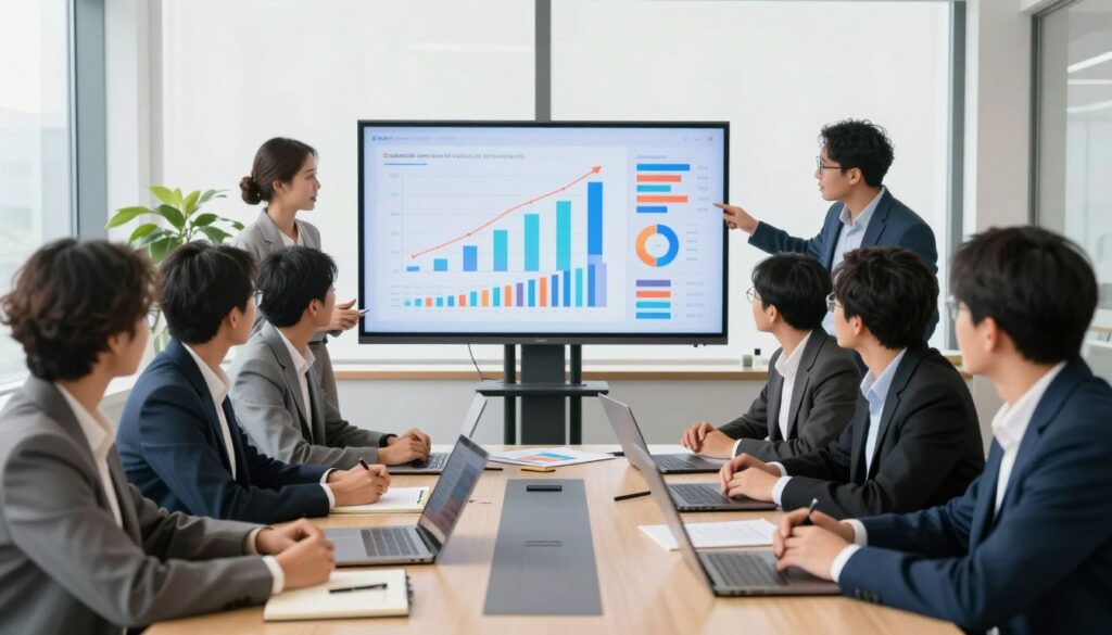 A dynamic office setting that conveys the essence of content marketing. In the foreground, a diverse group of professionals, dressed in smart business attire, engages in a brainstorming session around a sleek conference table filled with laptops, notepads, and creative materials. In the middle ground, a large digital screen displays vibrant graphs and data analytics, illustrating growth and engagement metrics. The background features a bright, modern office space with large windows allowing natural light to fill the scene, creating an optimistic and productive atmosphere. Soft shadows enhance the depth, captured with a wide-angle lens, emphasizing the teamwork and collaborative spirit in the room. The mood is energetic and focused, showcasing the importance of content marketing for contemporary US businesses.