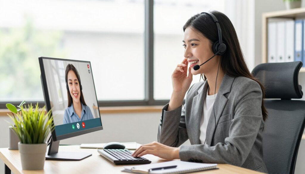 A friendly customer service representative, a young woman in professional attire, sitting at a well-organized desk, engaged in a thoughtful conversation with a customer on a video call. The foreground features a warm smile and comforting body language, reflecting empathy and understanding. In the middle ground, there is a computer with cheerful customer service branding on the screen, alongside a vibrant plant, symbolizing growth and care. The background shows a bright, modern office with soft natural lighting streaming through large windows, creating a welcoming and professional atmosphere. The mood is positive and reassuring, highlighting the importance of human connection and support in customer service. The image captures the essence of empathy in action, showcasing the benefits of understanding and compassion in customer interactions.