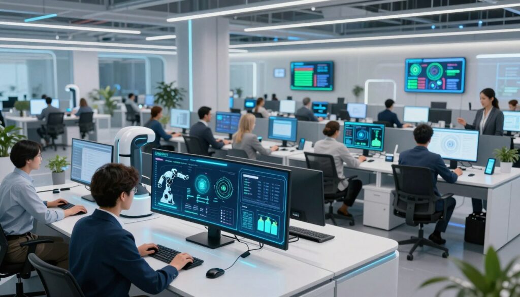 A futuristic call center environment showcasing automation systems in action. In the foreground, a sleek, modern "digital worker" interface with glowing screens displaying real-time analytics and robotic process automation (RPA) workflows. The middle ground features diverse professionals in smart business attire collaborating at high-tech workstations, analyzing data and engaging with virtual assistants. The background reveals a spacious, open-plan office with high ceilings, incorporating advanced technology like holographic displays and AI-driven tools. Bright, diffused lighting creates a vibrant, optimistic atmosphere, accentuated by a mix of blue and green tones. The scene is captured from a slightly elevated angle, emphasizing the interconnectedness of technology and human workers in this progressive workspace.