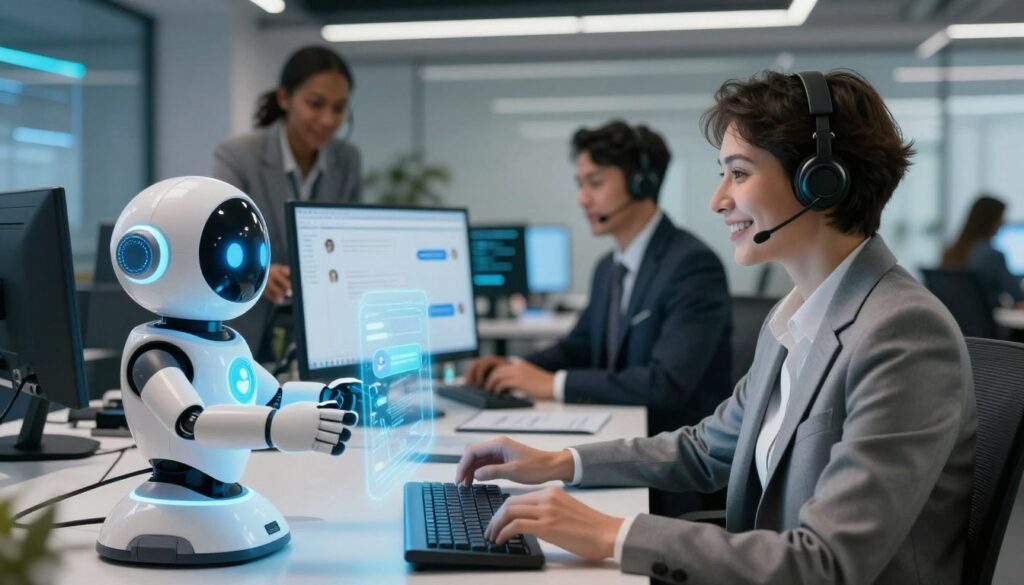 A futuristic customer service environment showcasing the role of AI chatbots and virtual agents. In the foreground, a friendly AI chatbot displayed as a holographic interface, interacting with a satisfied customer seated at a sleek desk, both smiling. In the middle ground, a diverse team of human agents in professional business attire, monitoring screens that display chatbot conversations, showcasing a collaborative atmosphere. The background features a modern office space, with high-tech interfaces and ambient lighting that creates a professional yet inviting vibe. Use soft, balanced lighting to emphasize the interaction, focusing on faces to convey warmth and engagement. The angle should be slightly elevated, capturing the dynamic between technology and human support in customer service. A futuristic customer service environment showcasing the role of AI chatbots and virtual agents. In the foreground, a friendly AI chatbot displayed as a holographic interface, interacting with a satisfied customer seated at a sleek desk, both smiling. In the middle ground, a diverse team of human agents in professional business attire, monitoring screens that display chatbot conversations, showcasing a collaborative atmosphere. The background features a modern office space, with high-tech interfaces and ambient lighting that creates a professional yet inviting vibe. Use soft, balanced lighting to emphasize the interaction, focusing on faces to convey warmth and engagement. The angle should be slightly elevated, capturing the dynamic between technology and human support in customer service.