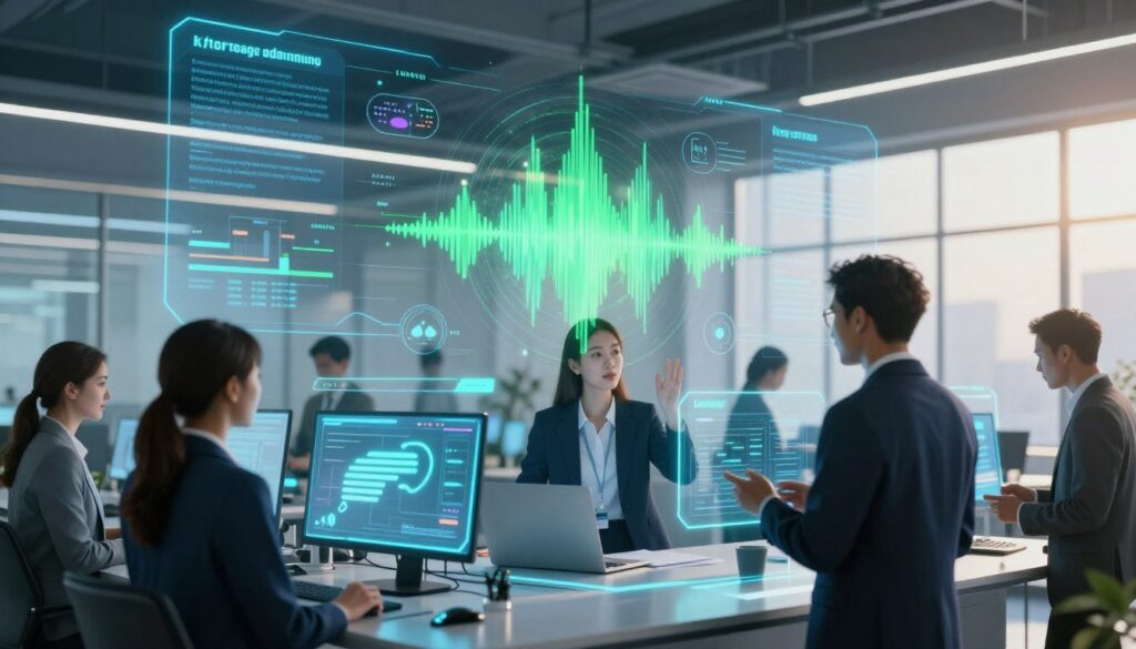 A futuristic digital workspace visualizing voice AI technology at work. In the foreground, a diverse group of professionals in smart business attire interact with advanced holographic interfaces displaying elements of speech recognition, natural language understanding (NLU), and text-to-speech (TTS) functions. The middle ground features layered infographics and swirling sound wave patterns representing voice inputs and AI processing. In the background, sleek office architecture with large windows allowing soft sunlight to filter in, enhancing the high-tech atmosphere. The color palette consists of cool blues and vibrant greens, conveying a sense of innovation and sophistication. A sense of collaboration and dynamic engagement permeates the scene, illustrating the transformative power of voice AI in communication. A futuristic digital workspace visualizing voice AI technology at work. In the foreground, a diverse group of professionals in smart business attire interact with advanced holographic interfaces displaying elements of speech recognition, natural language understanding (NLU), and text-to-speech (TTS) functions. The middle ground features layered infographics and swirling sound wave patterns representing voice inputs and AI processing. In the background, sleek office architecture with large windows allowing soft sunlight to filter in, enhancing the high-tech atmosphere. The color palette consists of cool blues and vibrant greens, conveying a sense of innovation and sophistication. A sense of collaboration and dynamic engagement permeates the scene, illustrating the transformative power of voice AI in communication.