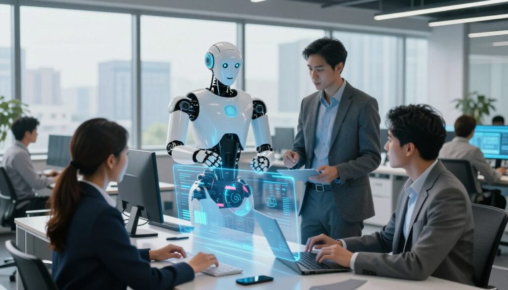 A futuristic office environment showcasing agent assist technology in action. In the foreground, a diverse team of three professionals—two men and one woman—dressed in business attire are engaged in an advanced collaborative workspace, analyzing data on interactive holographic screens that emit a soft blue glow. In the middle, a sleek robotic assistant, designed with smooth lines and a friendly interface, provides real-time insights and suggestions. The background features large windows with cityscape views, bathed in natural light, enhancing the open atmosphere. The overall mood is dynamic and productive, with a sense of innovation and teamwork, captured from a slightly elevated angle to emphasize both the human elements and the technology seamlessly integrated into the workspace.