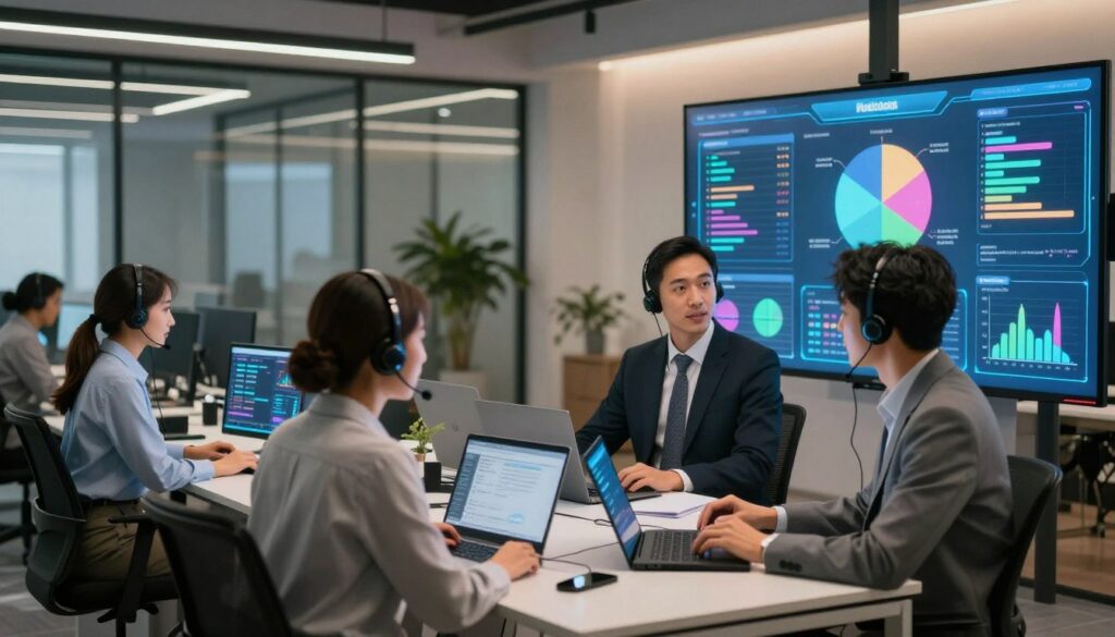 A futuristic office environment showcasing data-driven coaching through AI analytics. In the foreground, a diverse group of three call center trainers, dressed in professional business attire, engage deeply with a large, glowing digital screen displaying colorful data graphs and pie charts related to agent performance. In the middle ground, sleek desks with headsets and laptops create a productive workspace, while digital interfaces pulse with AI-generated insights. The background is filled with glass walls, modern décor, and soft overhead lighting that casts a warm glow, creating an inviting atmosphere focused on learning and growth. The overall mood is dynamic and collaborative, emphasizing the integration of technology in training new agents effectively.
