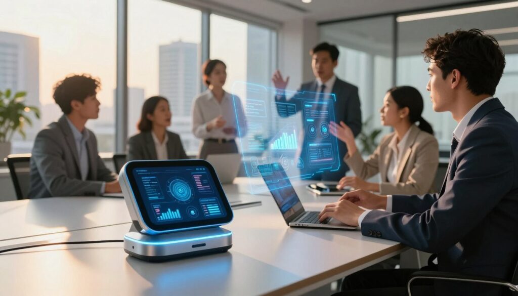 A futuristic office setting representing the core concept of voice automation in marketing. In the foreground, a sleek, modern digital assistant device with glowing accents sits on a polished desk, symbolizing cutting-edge technology. In the middle, a diverse group of professional individuals, comfortably dressed in business attire, is engaged in a collaborative discussion, animatedly gesturing towards holographic charts and data visualizations projected above the desk. The background features large windows showcasing a high-tech cityscape, bathed in warm, golden afternoon light. The atmosphere is vibrant and innovative, conveying a sense of productivity and modernity, with soft shadows cast by the glowing devices, emphasizing the integration of voice automation in marketing strategies. The composition captures the essence of connection and efficiency in customer outreach. A futuristic office setting representing the core concept of voice automation in marketing. In the foreground, a sleek, modern digital assistant device with glowing accents sits on a polished desk, symbolizing cutting-edge technology. In the middle, a diverse group of professional individuals, comfortably dressed in business attire, is engaged in a collaborative discussion, animatedly gesturing towards holographic charts and data visualizations projected above the desk. The background features large windows showcasing a high-tech cityscape, bathed in warm, golden afternoon light. The atmosphere is vibrant and innovative, conveying a sense of productivity and modernity, with soft shadows cast by the glowing devices, emphasizing the integration of voice automation in marketing strategies. The composition captures the essence of connection and efficiency in customer outreach.