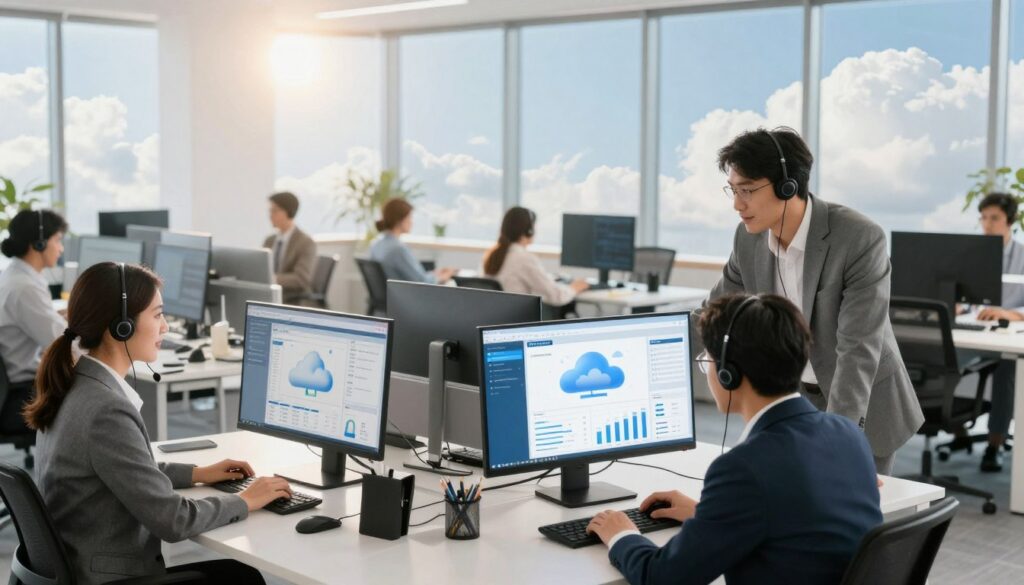 A modern and sleek cloud contact center in a spacious office environment, featuring diverse professionals in business attire engaged in collaborative discussions. In the foreground, a group of three team members are gathered around a digital dashboard displaying key performance indicators and cloud analytics. The middle layer showcases high-tech workstations with computers and headsets, symbolizing effective communication. In the background, large windows reveal a bright, sunny day, with fluffy clouds in the sky, representing the cloud-based technology. Use soft, natural lighting to create a warm and inviting atmosphere, captured from a slightly elevated angle to emphasize interaction and teamwork. The overall mood conveys efficiency and positivity in a forward-thinking corporate setting.