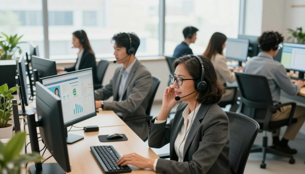A modern call center environment, featuring a diverse group of professionals in smart business attire engaged in conversations. In the foreground, a middle-aged woman with glasses is attentively speaking on a headset, while a young man beside her analyzes data on a computer. In the middle ground, other team members are collaborating at desks with dual monitors displaying charts and customer service software. The background shows large windows letting in bright natural light, creating a vibrant atmosphere. Use a wide-angle perspective to capture the entire scene. The lighting should be warm and inviting, emphasizing a productive yet friendly work environment. The overall mood is focused and dynamic, conveying the importance of efficient call center services that can be outsourced.