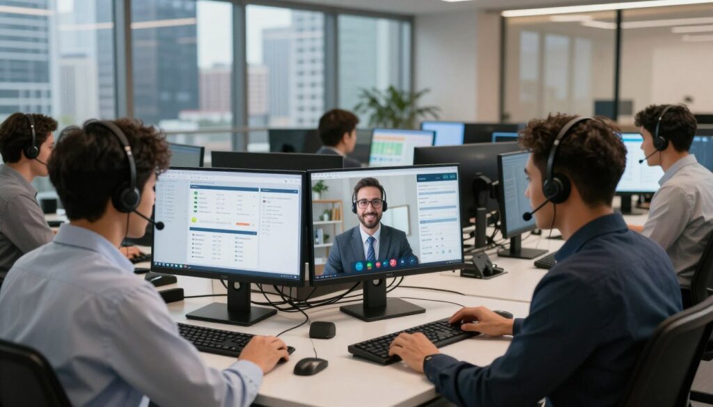 A modern call center environment filled with advanced technology. In the foreground, a diverse group of three professional agents, one wearing a headset, engaged in a video call, showcasing teamwork and communication. The middle ground features sleek desks equipped with multiple monitors displaying call metrics and analytics, alongside a high-tech touchscreen interface. In the background, large glass windows let in natural light, revealing a bustling city skyline, symbolizing connectivity. The scene is vibrant and energetic, illuminated by warm, soft lighting to evoke a sense of professionalism and collaboration. The composition captures the essence of essential call center software features, including user-friendly interfaces and real-time data access, creating an inviting atmosphere for 2026 buyers.
