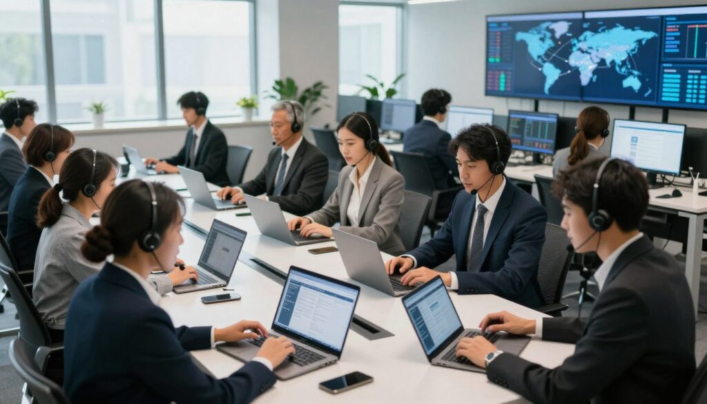 A modern call center environment illustrating the concept of outsourcing. In the foreground, a diverse group of professionals in business attire collaborate around a sleek, high-tech conference table, examining laptops and tablets displaying software dashboards. The middle ground features a row of call center agents engaged in discussions, using headsets, surrounded by advanced communication equipment. The background showcases a vibrant office space with screens displaying global connectivity maps and analytics data, symbolizing technology integration in outsourcing. Soft, natural lighting streams through large windows, creating a bright and engaging atmosphere, while a wide-angle lens captures the bustling activity and teamwork. The overall mood is dynamic and focused, emphasizing the importance of technology in successful call center outsourcing.