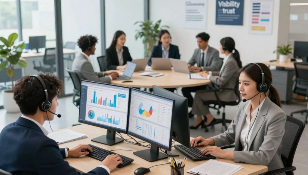 A modern call center environment showcasing a diverse group of professionals wearing professional business attire, engaged in communication and collaboration. In the foreground, a focused agent is using a headset while analyzing data on dual computer screens displaying graphs and analytics related to SEO metrics. The middle ground features several colleagues discussing strategies around a round table, with laptops and documents scattered about. The background shows a bright, open office space with glass partitions, greenery, and motivational posters on the wall emphasizing visibility and trust. The lighting is bright and natural, creating an uplifting mood. The angle is slightly elevated, providing a comprehensive view of the interactive and dynamic work environment, symbolizing the importance of call center SEO in lead generation and visibility.