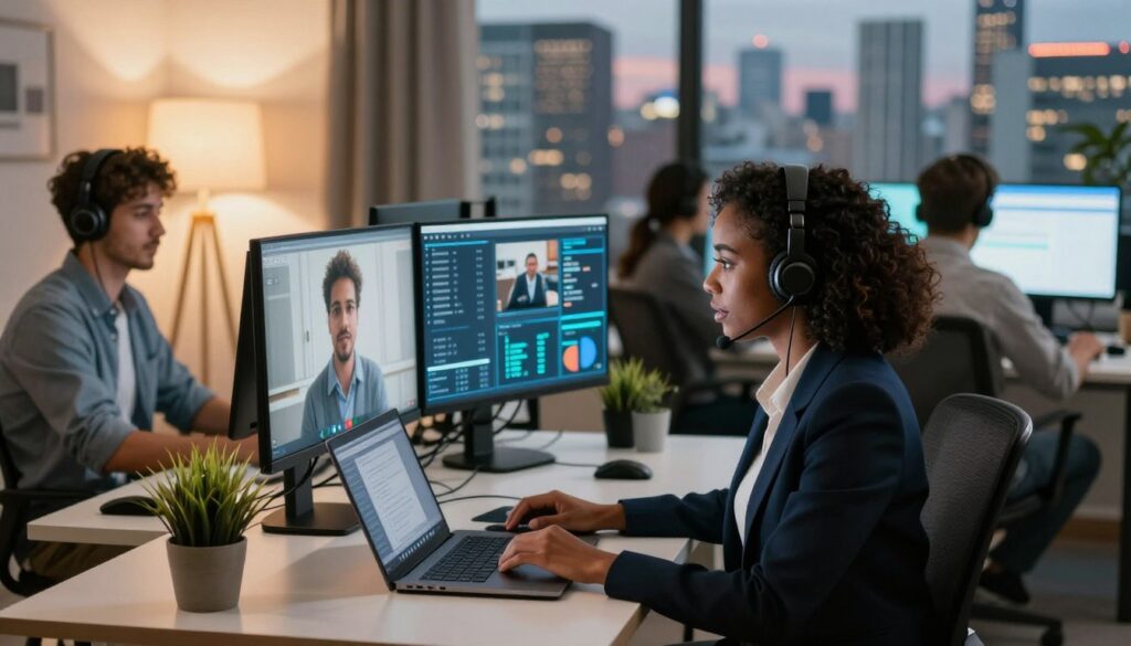A modern call center environment showcasing a diverse team of remote agents working from different locations. In the foreground, a Black woman in professional business attire is engaged in a video call, sitting at her home office desk, which features a laptop, headphones, and a potted plant. To her left, a Caucasian man in smart casual wear is visible on a split-screen home office setup, balanced with a warm lamp emitting soft light. The middle ground includes an array of virtual screens displaying various data analytics and customer interactions, reflecting high-tech communication tools. In the background, a vibrant city skyline can be seen through a window, symbolizing connectivity. The atmosphere is focused and collaborative, with warm lighting creating an inviting and productive mood.