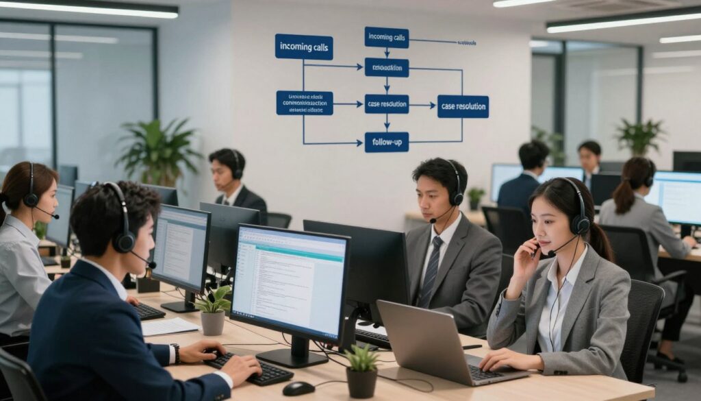 A modern call center environment, showcasing an organized communication flow. In the foreground, a diverse group of professional agents wearing business attire are attentively engaged in conversations, wearing headsets, and focused on computer screens filled with call logs. The middle layer features a large digital flowchart on the wall illustrating the steps of inbound and outbound communication processes, such as "incoming calls," "customer interaction," "case resolution," and "follow-up." In the background, a sleek, open-space office with soft lighting that creates a calm and productive atmosphere, accented by potted plants. The scene is dynamic, capturing the essence of teamwork and efficiency in a vibrant call center setting, shot with a slightly wide angle to encompass the entire space.
