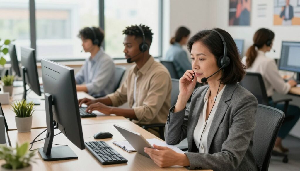 A modern call center environment showcasing diverse professionals engaged in customer service. In the foreground, a focused middle-aged woman in professional business attire speaks on a headset, taking notes on a tablet. In the middle ground, several employees of various ethnicities work at sleek, organized desks, interacting with clients through computers. The background features a large window with natural light streaming in, brightening the space and enhancing a welcoming atmosphere. The office décor is contemporary, with soft color tones and motivational posters on the walls, creating a professional yet relaxed mood. Shot from a slightly elevated angle to capture the entire scene, with a warm, inviting glow that highlights teamwork and productivity.