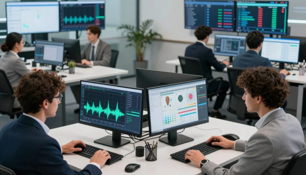 A modern call center environment with professionals wearing business attire, engaged in analyzing speech data. In the foreground, a diverse team of three individuals—two men and one woman—interacting with advanced analytics software on sleek computers, showcasing visualizations of voice data such as spectrograms and charts. In the middle ground, additional team members collaborate around a large table with digital devices spread out, emphasizing teamwork in speech analytics. The background features a high-tech monitoring screen displaying live call data and metrics. The lighting is bright and focused, creating an energetic and professional atmosphere, captured from a slightly elevated angle to encompass the dynamic workspace. A modern call center environment with professionals wearing business attire, engaged in analyzing speech data. In the foreground, a diverse team of three individuals—two men and one woman—interacting with advanced analytics software on sleek computers, showcasing visualizations of voice data such as spectrograms and charts. In the middle ground, additional team members collaborate around a large table with digital devices spread out, emphasizing teamwork in speech analytics. The background features a high-tech monitoring screen displaying live call data and metrics. The lighting is bright and focused, creating an energetic and professional atmosphere, captured from a slightly elevated angle to encompass the dynamic workspace.