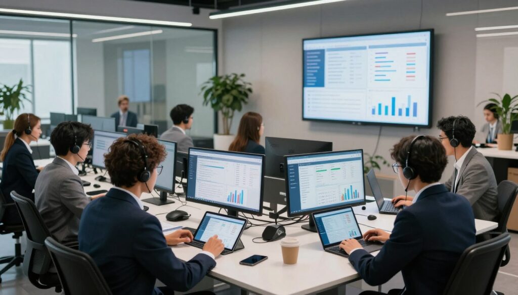 A modern call center environment with sleek computer desks and multiple monitors displaying CRM integration interfaces. In the foreground, a diverse group of professionals in business attire are collaborating around a central table, analyzing data on tablets and laptops. The middle ground features a large screen showcasing graphs and customer interaction metrics, emphasizing the importance of CRM integration. The background shows a bright and open workspace with glass partitions and greenery, creating a tech-savvy atmosphere. Soft, diffused lighting enhances the productive mood, while a wide-angle perspective captures the dynamic interaction. The overall scene conveys innovation and teamwork, reflecting the modern efficiency of call centers through seamless CRM integration.