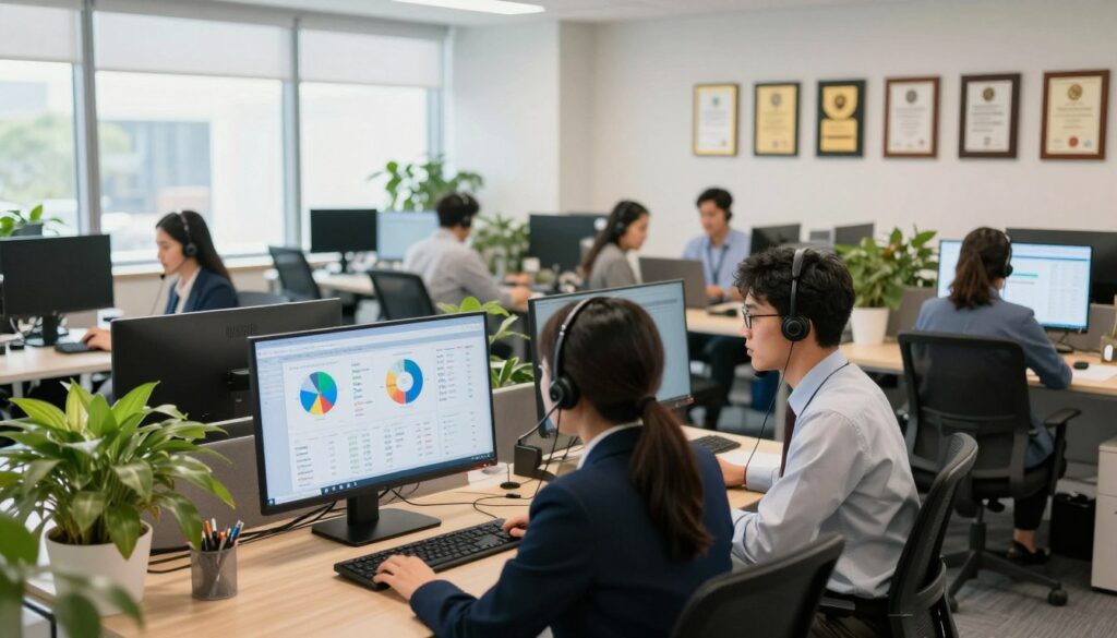 A modern call center hub, showcasing a sleek, open-plan office environment filled with professionals engaged in their work. In the foreground, three diverse employees in professional business attire are collaborating over a large digital display screen that showcases analytics and SEO metrics. The middle ground features rows of modern desks with headsets, computers, and greenery, highlighting a thriving work atmosphere. Bright, natural lighting floods the space from large windows, creating a warm and welcoming vibe. The background reveals a wall adorned with awards and certifications, emphasizing authority and success in the call center industry. The camera angle is slightly elevated, giving a comprehensive view of the vibrant workspace. The overall mood is professional, focused, and dynamic, reflecting a thriving environment where authority is built through collaboration and expertise.