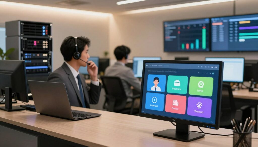 A modern call center interior showcasing an interactive voice response (IVR) system in action. In the foreground, a sleek digital screen displays a user-friendly IVR interface with vibrant buttons and icons representing different service options. The middle ground features a professional employee wearing business attire, attentively interacting with a headset, conveying engagement with a caller. In the background, high-tech call routing equipment is visible, along with a digital dashboard monitoring call flows and queue management. Soft, ambient lighting creates a warm atmosphere, while a wide-angle perspective emphasizes the seamless technology environment. The scene exudes efficiency and professionalism, ideal for depicting modern call center operations in a vibrant, engaging manner.