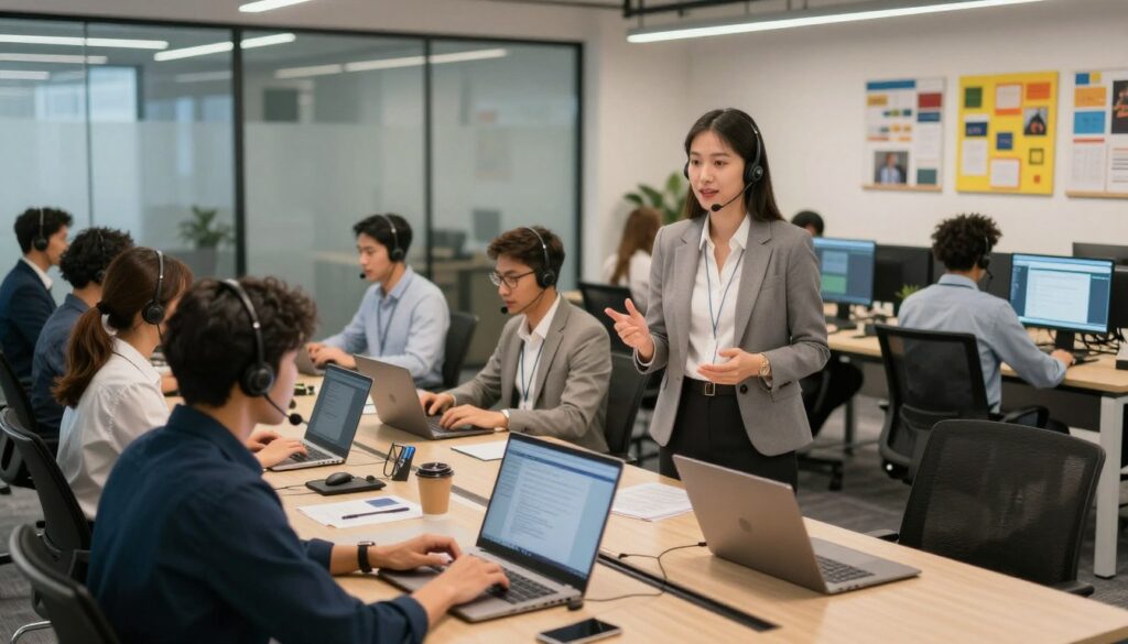A modern call center office environment filled with diverse employees engaged in various tasks. In the foreground, a focus on a team leader, a woman in professional business attire, enthusiastically discussing strategies with her team at a meeting table. The middle ground showcases team members wearing headsets, typing on laptops, and interacting with clients through modern technology, exuding collaboration and energy. The background features glass partition offices, sleek desks, and vibrant team boards, all under bright, warm lighting that enhances the atmosphere of productivity. The scene captures a sense of camaraderie, professionalism, and the dynamic nature of a modern call center talent landscape, conveyed through a wide-angle lens that emphasizes the space and teamwork.